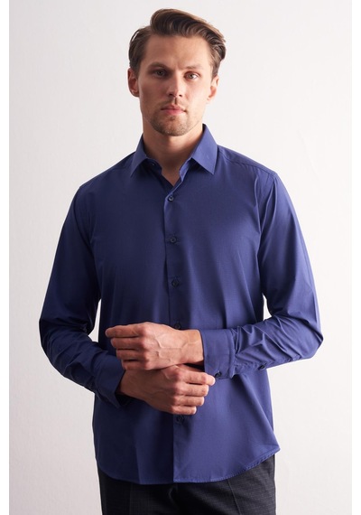 İmza Lacivert Sert Yaka Filafil Desen Uzun Kol Slim Fit Pamuklu Gömlek 1004255181 Lacivert