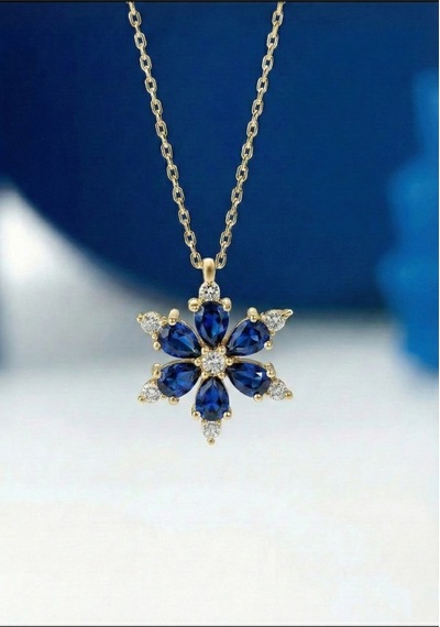 Çekirdekjewelry 925 Ayar Gümüş Lacivert Taşlı Kamelya Çiçeği Kolye Sarı Lacivert