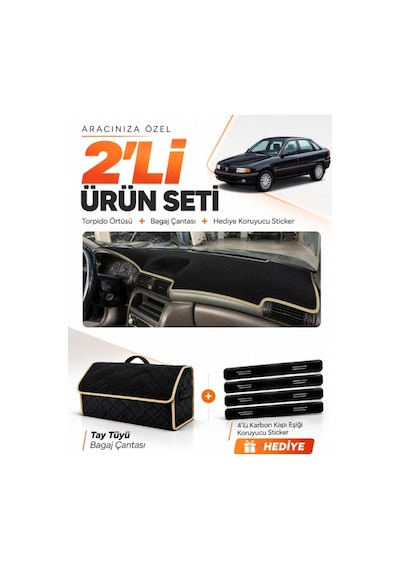 E-biz Opel Astra F Airbagli 1991-1998 Uyumlu Torpido Örtüsü + Tay Tüyü Çanta - Siyah-bej - Op001