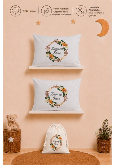 İsim Baskılı Kız Bebek Hediyesi 2'li 35x45 Pamuk Yastık Kılıfı Ve Ham Bez Bebek Kıyafet Kesesi 1118y2kyx