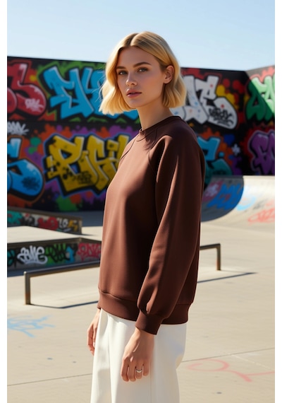 Benerly Kadın Bisiklet Yaka Reglan Kol Düz Örme Sweatshirt Fonksiyonel Da Koyu Kahverengi