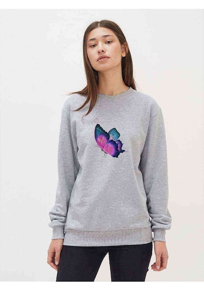 Watercolor Butterfly Kelebek Baskılı Gri Kadın Sweatshirt (534806455)