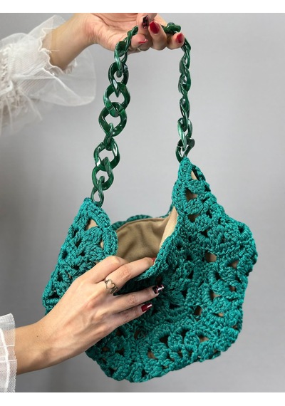 El Örgüsü Çiçekli Kadın El Çantası 30x27 Cm Yeşil