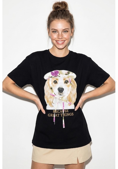 Shade Kadın Baskı Ve Payet Detaylı Fiyonklu Basic T-shirt 7643 60286115 - Siyah