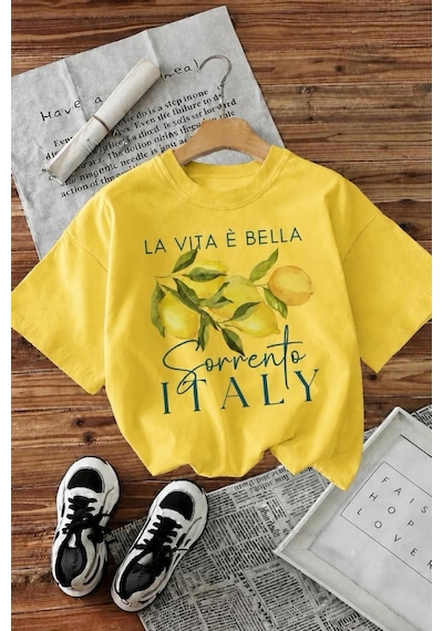 Bella Limon Ön Baskılı Oversize Pamuklu Kadın T-shirt Sari