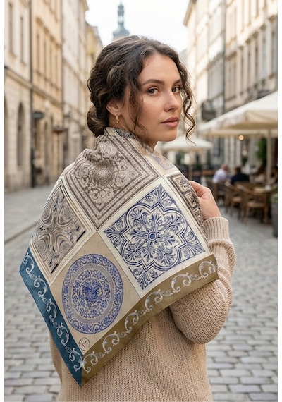 Çini Sırrı Desen 70 70cm Bandana/fular Mavi