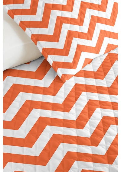 Turuncu Zigzag Geometrik Genç Odası Tek Kişilik Pike Takımı - Modern Chevron 160x220 Cm Yatak Örtüsü Mumlu Duman Kıyımı