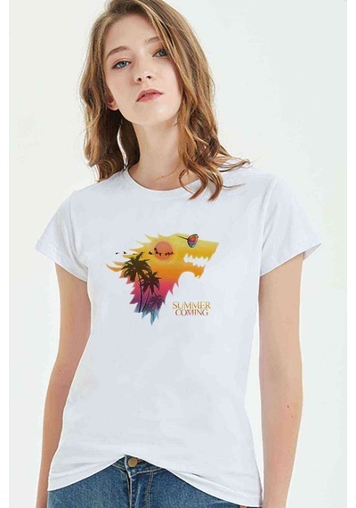 Summer Is Comming Baskılı Beyaz Kadın Tshirt