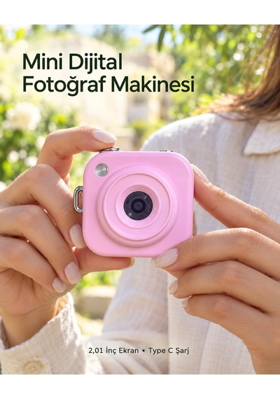 Type C Şarjlı Pembe Mini Fotoğraf Makinesi Taşıma Askılı Dijital Kamera Standart