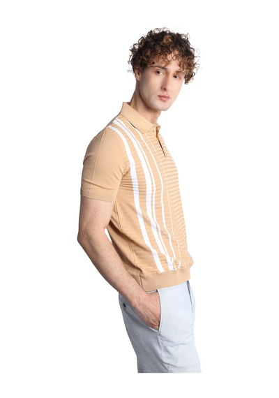 Bej Slim Fit Dar Kalıp Düğmeli Polo Yaka Desenli Kısa Kollu Triko Tişört-16314 Bej