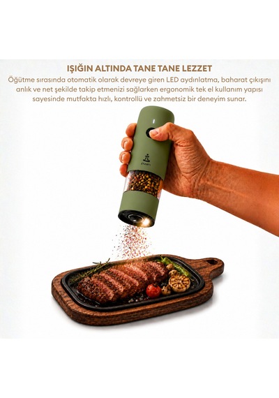 Pizen Windmill Usb Şarjlı Otomatik Baharat Öğütücü Led Işıklı Ayarlanabilir Tuz Karabiber Değirmeni Yeşil