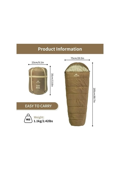 Naturehike Mj600 Mumya Tipi Pamuklu Uyku Tulumu -32 Derece Kahverengi