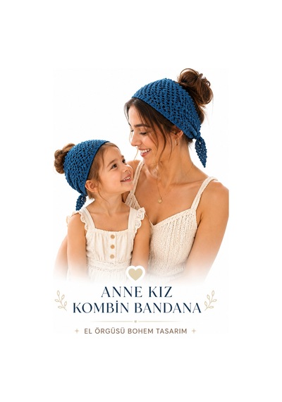 Anne Kız Kombin Bandana El Örgüsü Saç Bandı Bohem Stil Ayarlanabilir 2li Set Lacivert