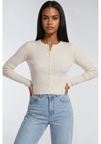 Hiccup Mixray Düğmeli Slim Fit Yivli Örgü Hırka Natural