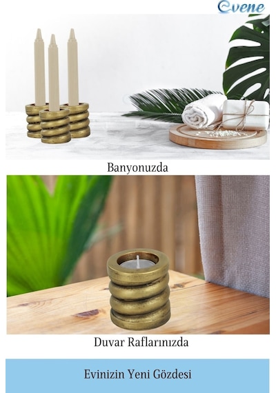Eskitme Mumluk Şamdan 3 Adet Tealight Ve İnce Mum Uyumlu Spiral Model - Altın Eskitme