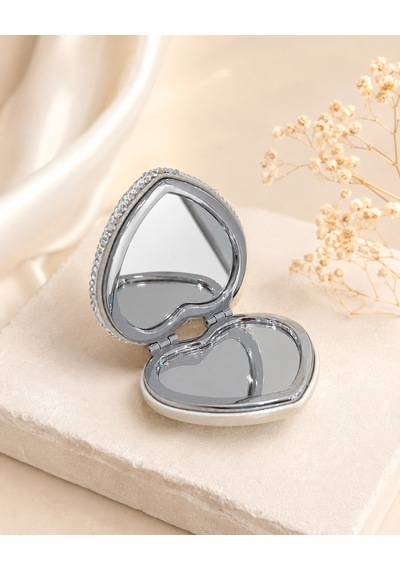 Silver Taşlı Kalpli Cep Aynası Gümüş