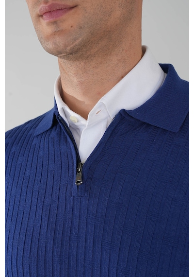 Bisse Indigo Polo Yaka Fermuarlı Ön Jakar Yün Erkek Triko Tr23k23204 D66 Indigo