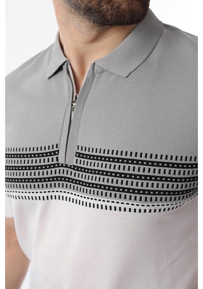 Madmext Gri Fermuarlı Polo Yaka Desenli Erkek T-shirt E7296 Gri