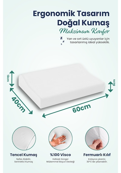 Orta Yüksek Boyun Destekli Ortopedik Visco Yastık 60x40x12-8cm Beyaz