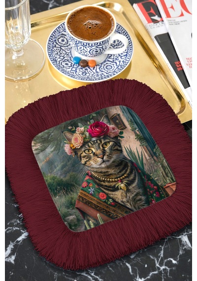 Bohem Sanatsal Kedi Püsküllü Servis Altlığı Mendil - Vintage Çiçekli Rustik Bordo Sunumluk Peçete Çok Renkli
