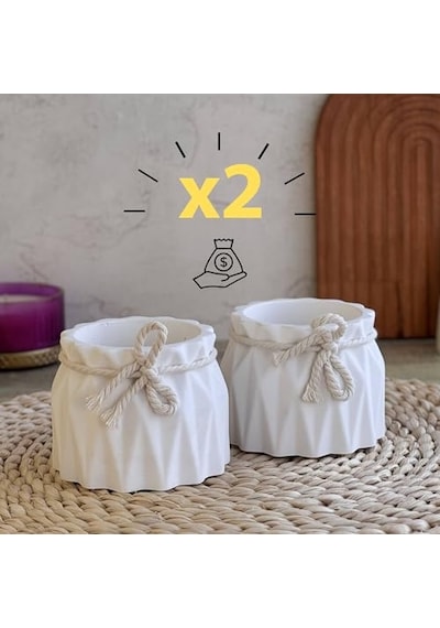 İkili Set, İskandinav Tarz Beyaz Beton Saksı - Minimal Dekoratif Saksı Seti