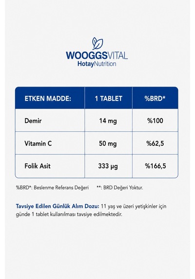 Demir Bisglisinat 14 Mg, C Vitamini 50 Mg Ve Folik Asit 333 Mg 120 Tablet Takviye Edici Gıda