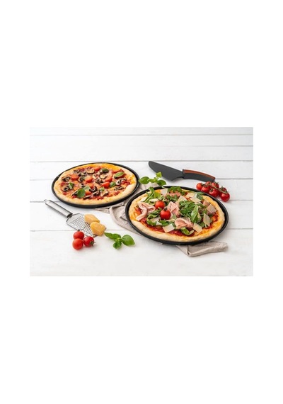 Yanmaz Yapışmaz Çelik 3 Lü Pizza Seti - 2 Adet 29 Cm Pizza Tepsisi Ve Kesici Spatula Dayanaklı Tava Siyah
