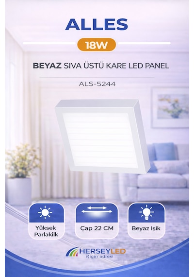 Alles 18w Beyaz Işık Beyaz Kasa Sıva Üstü Kare Led Panel Beyaz Işık