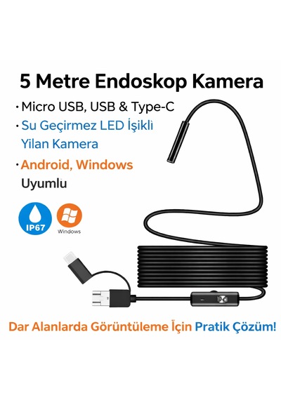 5 Metre Endoskop Kamera Su Geçirmez Led Işıklı Boroskop Yılan Kamera Android Uyumlu Micro+usb+type-c