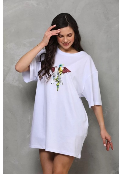 Assema Unisex Bisiklet Yaka Baskılı Oversize T-shirt - Beyaz Çok Renkli