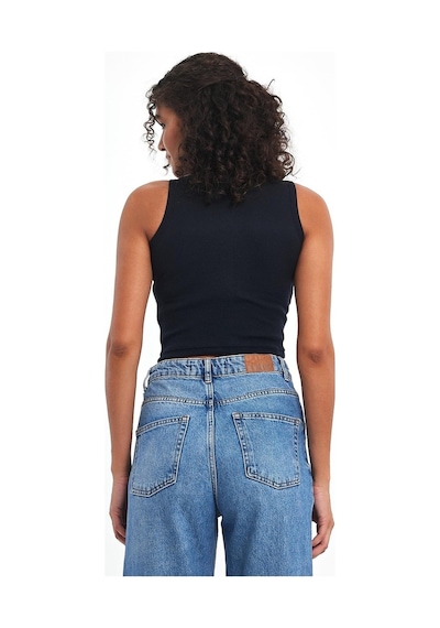 Comeor Kadın Siyah-gri-beyaz-lacivert Fitilli Görünümlü Askılı Kalın Esnek Örme 4'lü Basic Crop Atlet Bluz