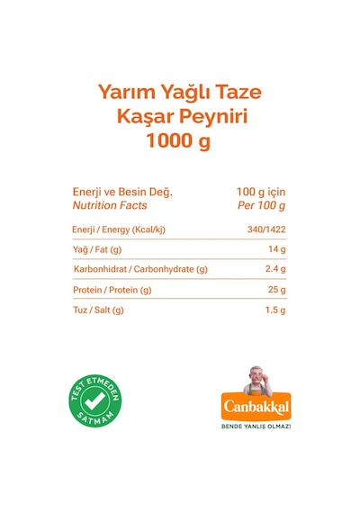 Canbakkal Yarım Yağlı Taze Kaşar Peyniri Kahvaltılık Peynir 1 KG