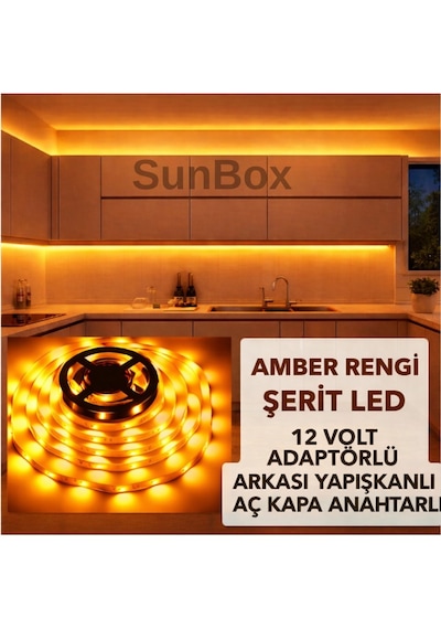 Şerit Led Mutfak Dolabı Tezgah Üstü Tv Arkası Tam Set Adaptörlü Butonlu 5 Metre Amber Turuncu