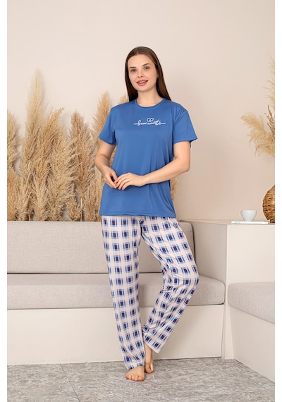 Nisanca Slim Fit Desenli Kısa Kol Mevsimlik Kadın Pijama Takımı mavi