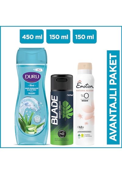 Duru Moods Deniz Mineralleri & Aloe Vera Duş Jeli 450 ML + Blade Green Dream Erkek Sprey Deodorant 150 ML + Emotion Natural Bloom Kadın Sprey Deodorant 150 ML