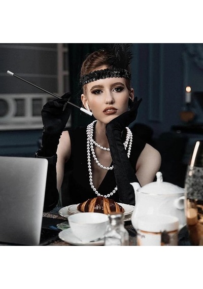 192039ler Gatsby Aksesuar Seti Siyah Charleston Saç Bandı, Uzun Eldiven Lık "