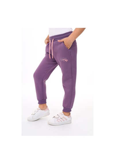 Kız Çocuk Nakış Baskılı Beli Paçası Lastikli Cepli Basic Jogger Eşofman Altı 3 İplik Şardonlu Mor