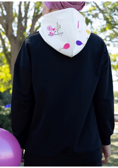 Balon Nakış Kapşonlu Sweatshirt Siyah