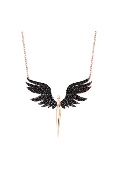 Mikail Kolye Serisi Siyah Zirkon Taşlı Kanat Kadın Kolye 925 Gümüş Zincirli Rose