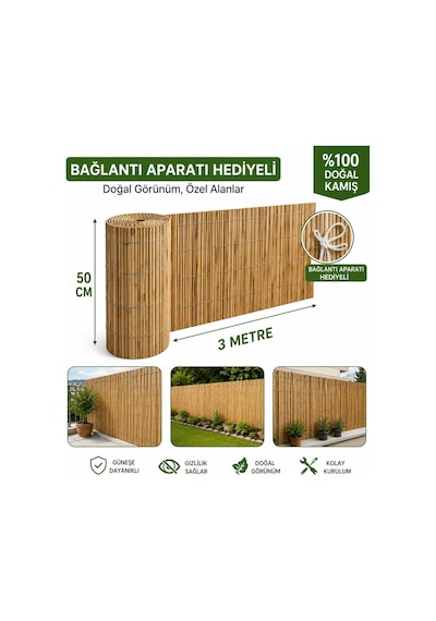 Polybotum Premium Doğal Kamış Hasır Balkon Çiti 50x300 Cm Sık D