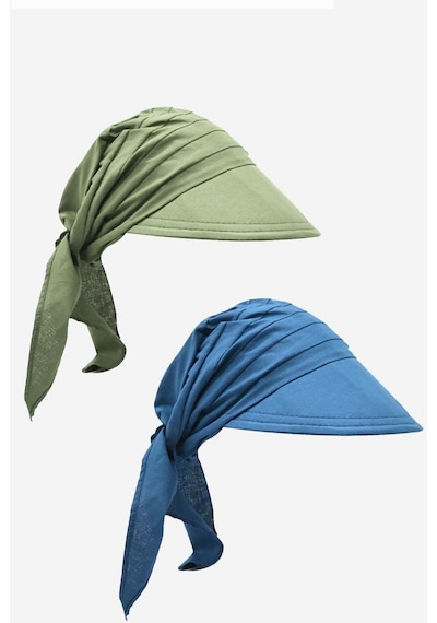 Külah Kadın Bağlamalı Siperli Eşarp Bandana Plaj Şapkası 2li Paket Haki/mavi - Haki