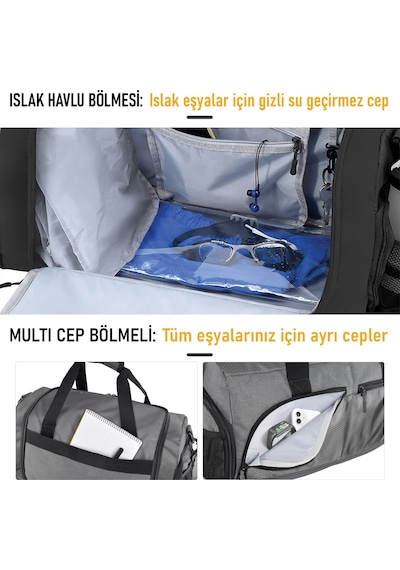 Haegs Spor Çantası, 10 Cepli, Ayakkabı Bölmeli, Islak Keseli, Organizer Tasarım Bay Bayan Çanta Gri