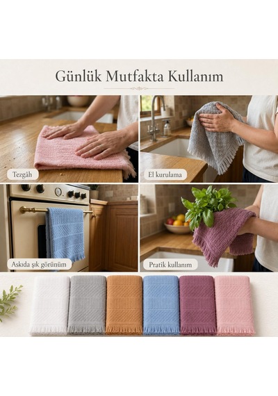 Sogud Valmia 6'lı Mutfak Havlusu Seti -%100 Pamuk Püsküllü Geomet Çok Renkli