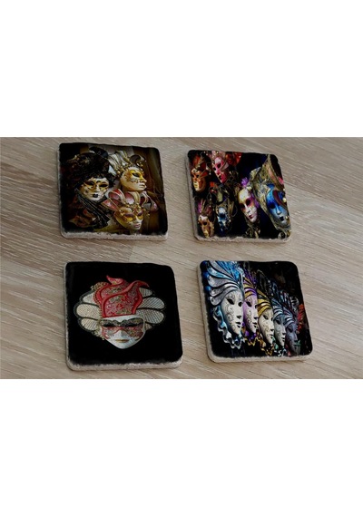 Venedik Masklar Doğal Taş Bardak Altlığı 4'lü Set - Natural Stone Coasters - Taş Çok Renkli