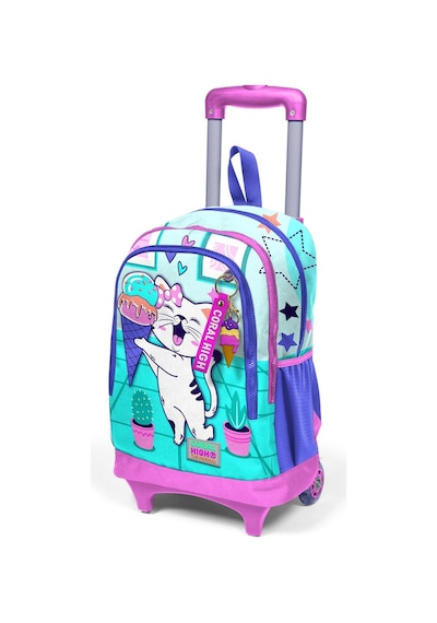 Coral High Kids Turkuaz Pembe Dondurmalı Kedi Desenli Üç Bölmeli Çekçekli Okul Sırt Çantası 23951
