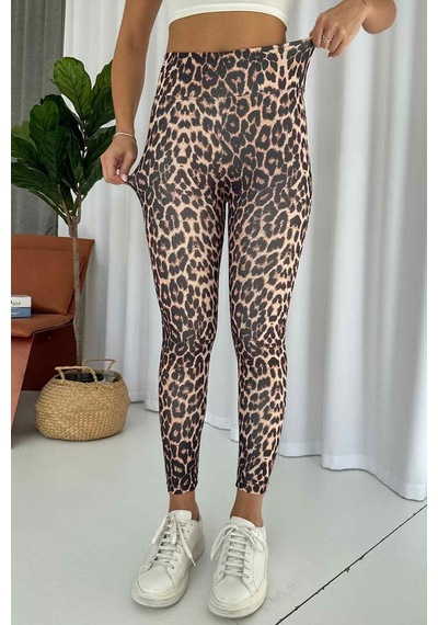Mine Tan Butik Leopar Desen İçi Şardonlu Kadın Toparlayıcı Tayt - Bej Bej