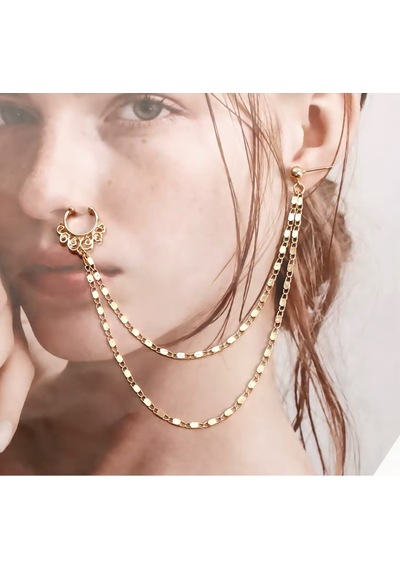 Girift Vintage Gold Zincir Detaylı Kulak Ve Burun Zinciri - Hint Hızması Gold