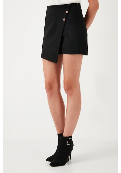 Lela Asimetrik Kışlık Scuba Süet Düğme Detaylı Slim Fit Bayan Şort Etek 5865968 Siyah