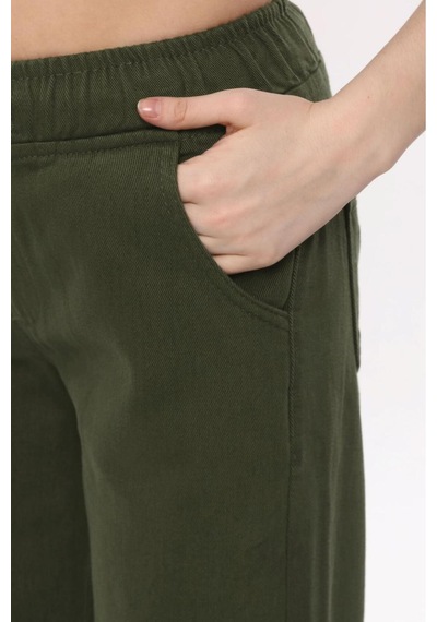 Kene Jeans Kadın Haki Beli İpli Lastikli Bol Paça Pantolon Haki