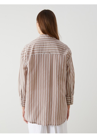 Lcw Modest Kahverengi Çizgili Oversize Kadın Gömlek Tunik